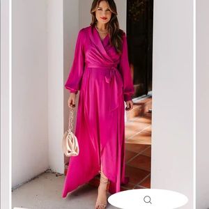Magenta Long Sleeve Satin Maxi Dress